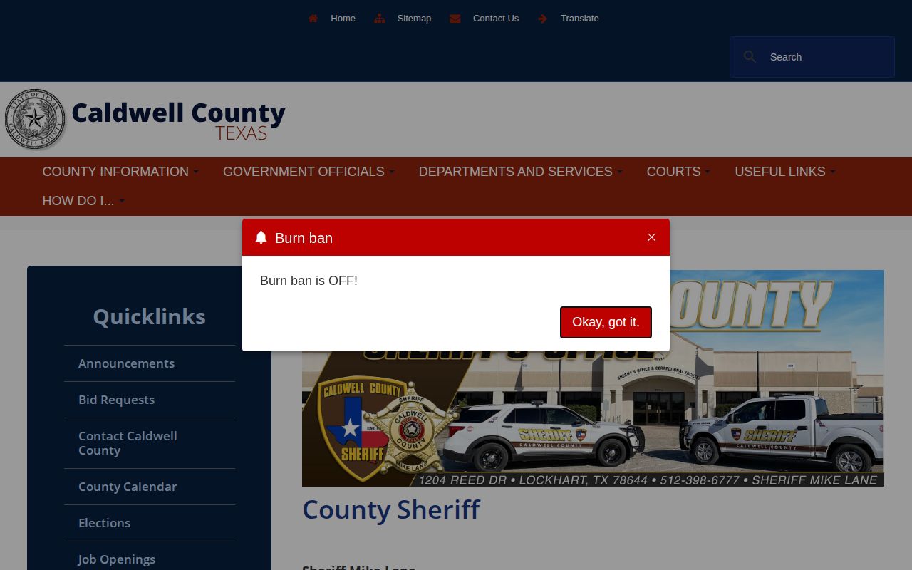 Caldwell County Sheriff page linking to custody information