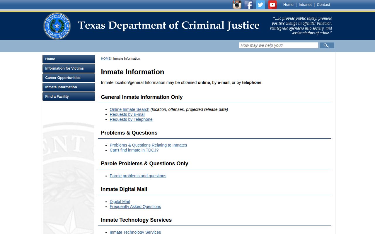 TDCJ offender information page for Texas prison records
